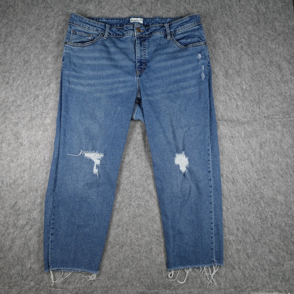 Ava Viv Jeans Women 20W Blue Distressed Raw Hem Stretch Straight Leg Denim